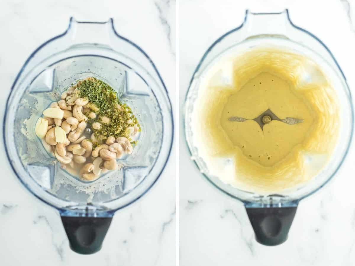 2 photos showing how to make vegan mayonnaise in a blender.