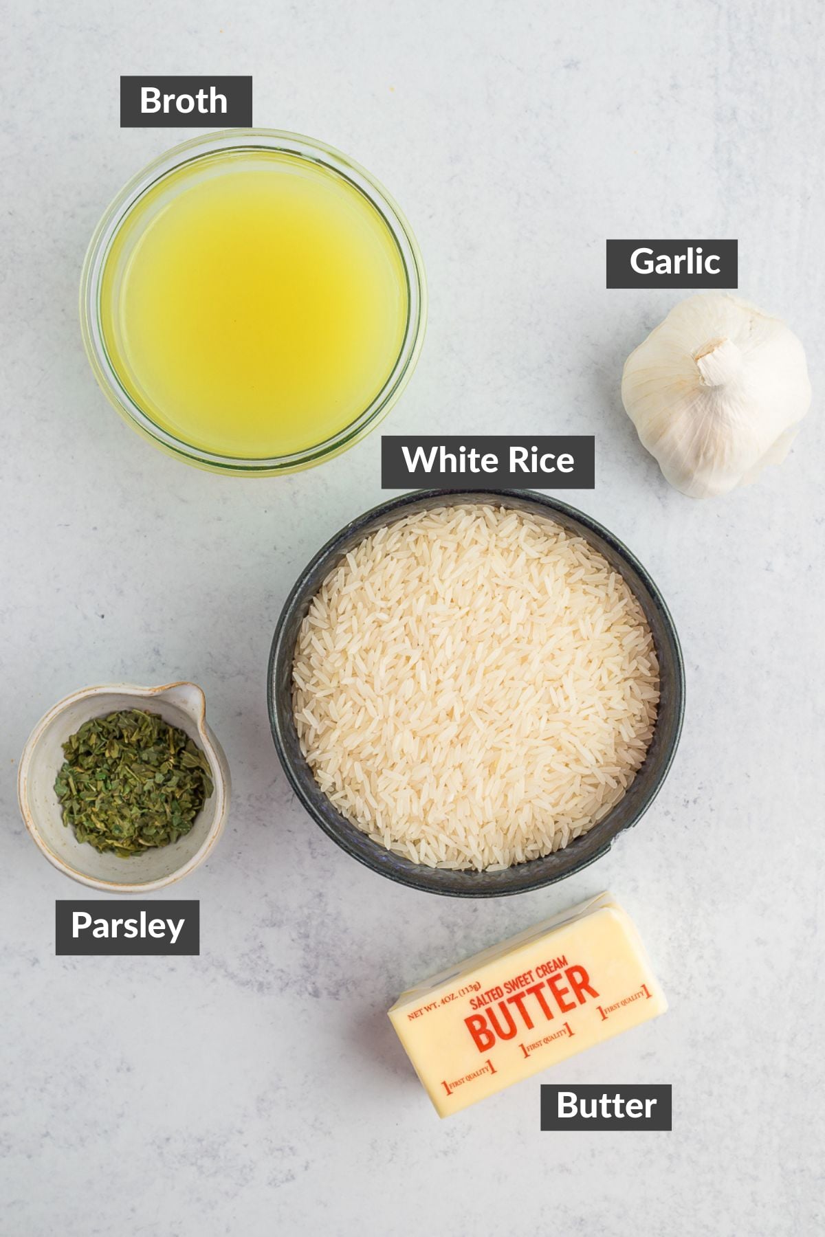 ingredients on a white/grey board.