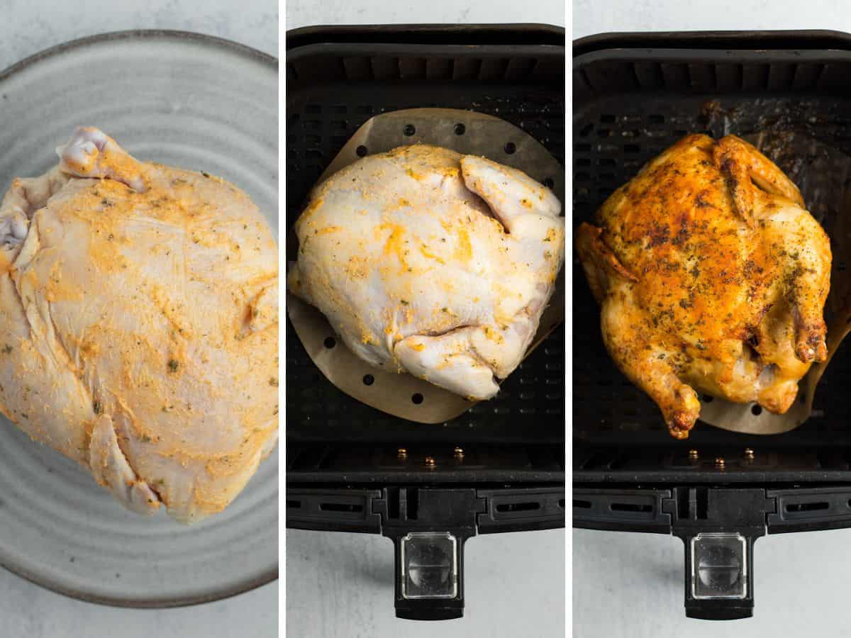 3 photos showing how to make cornish hens in an air fryer.