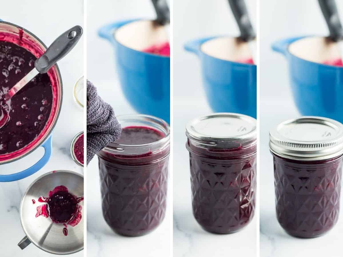 4 photos showing step by step how to prep and fill jars for making rhubarb blueberry jam.