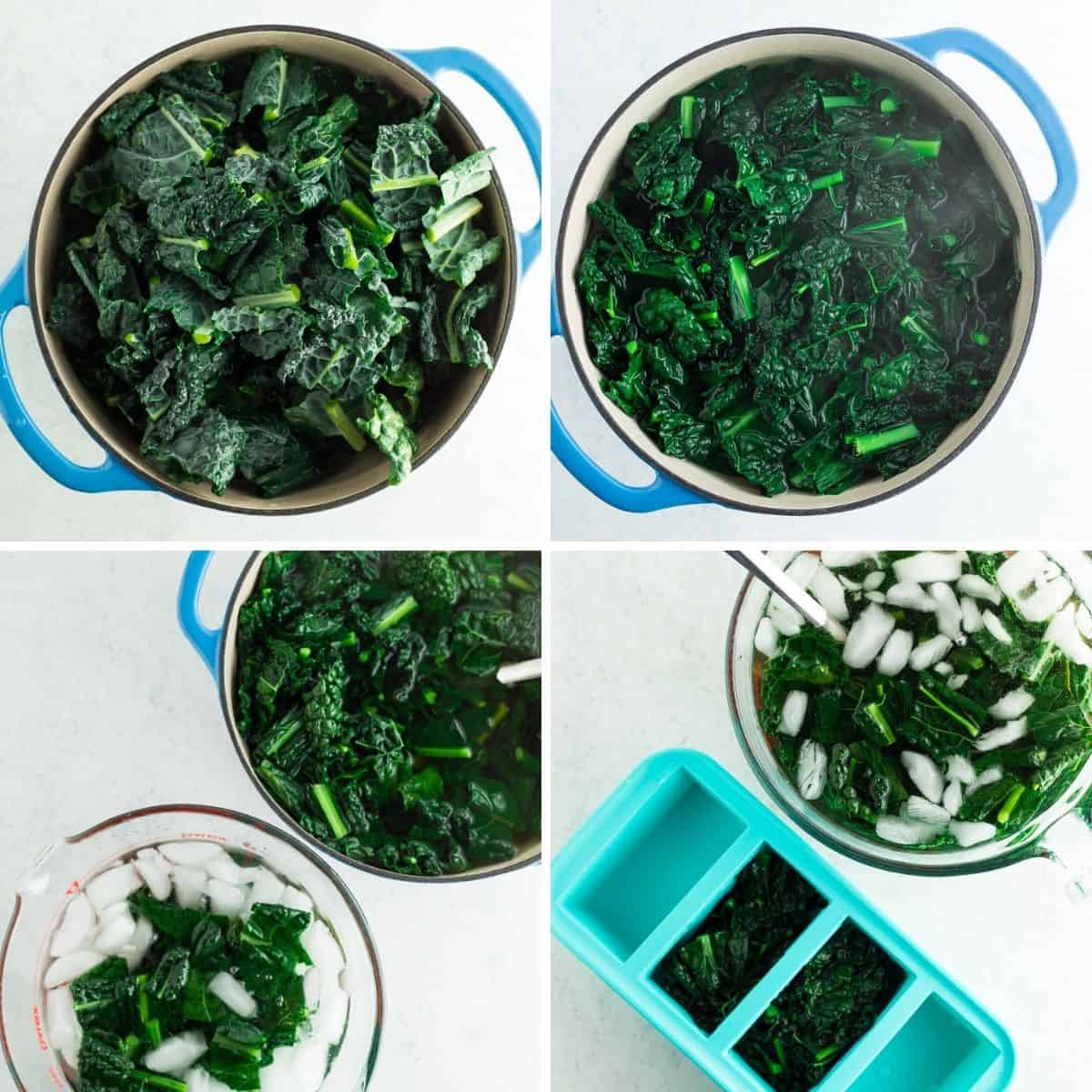4 photos step by step showing how to blanch kale.