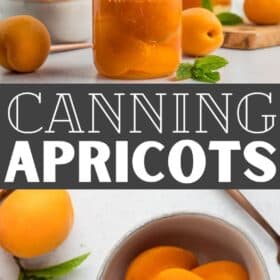 jars of canned apricots against a tile background.