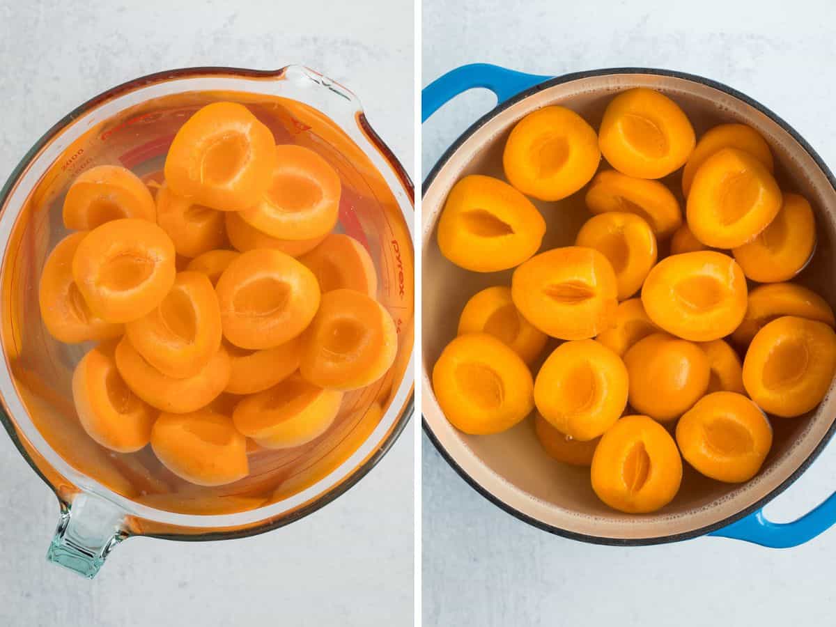 2 photos showing how to hot pack apricots.