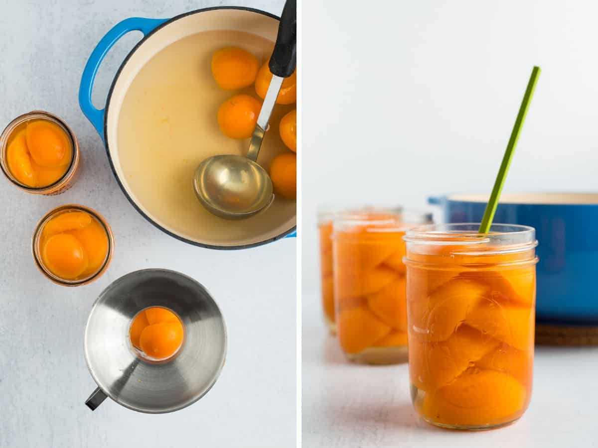 2 photos showing how to preserve apricots.
