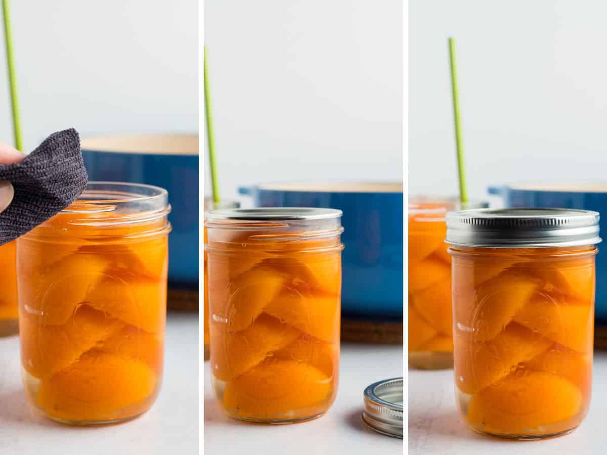 3 photos showing how to preserve apricots.