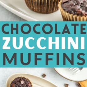 3 chocolate zucchini muffins on a white plate with a small jug of milk behind it.