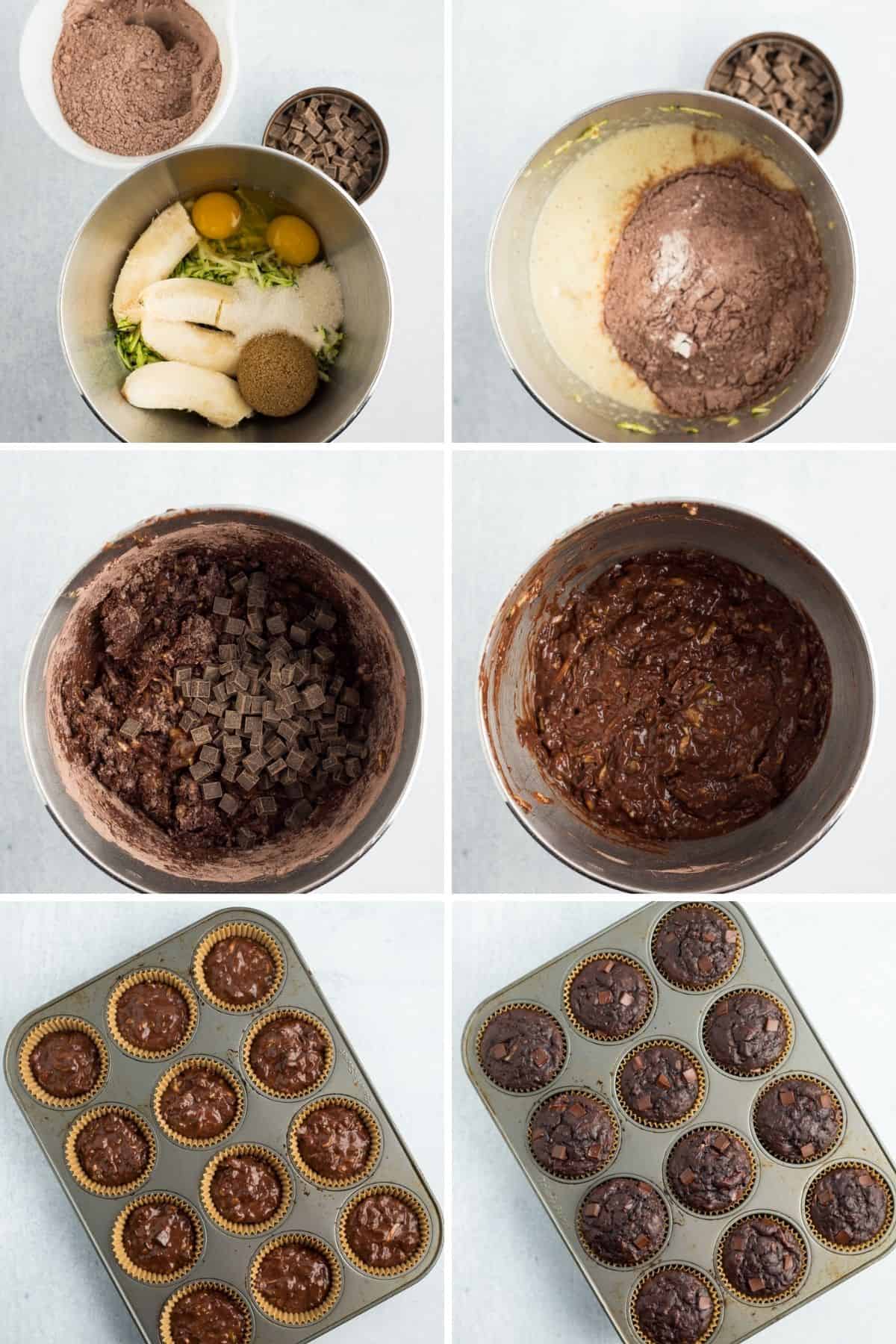 6 photos of showing step by step how to make chocolate chip zucchini muffins.