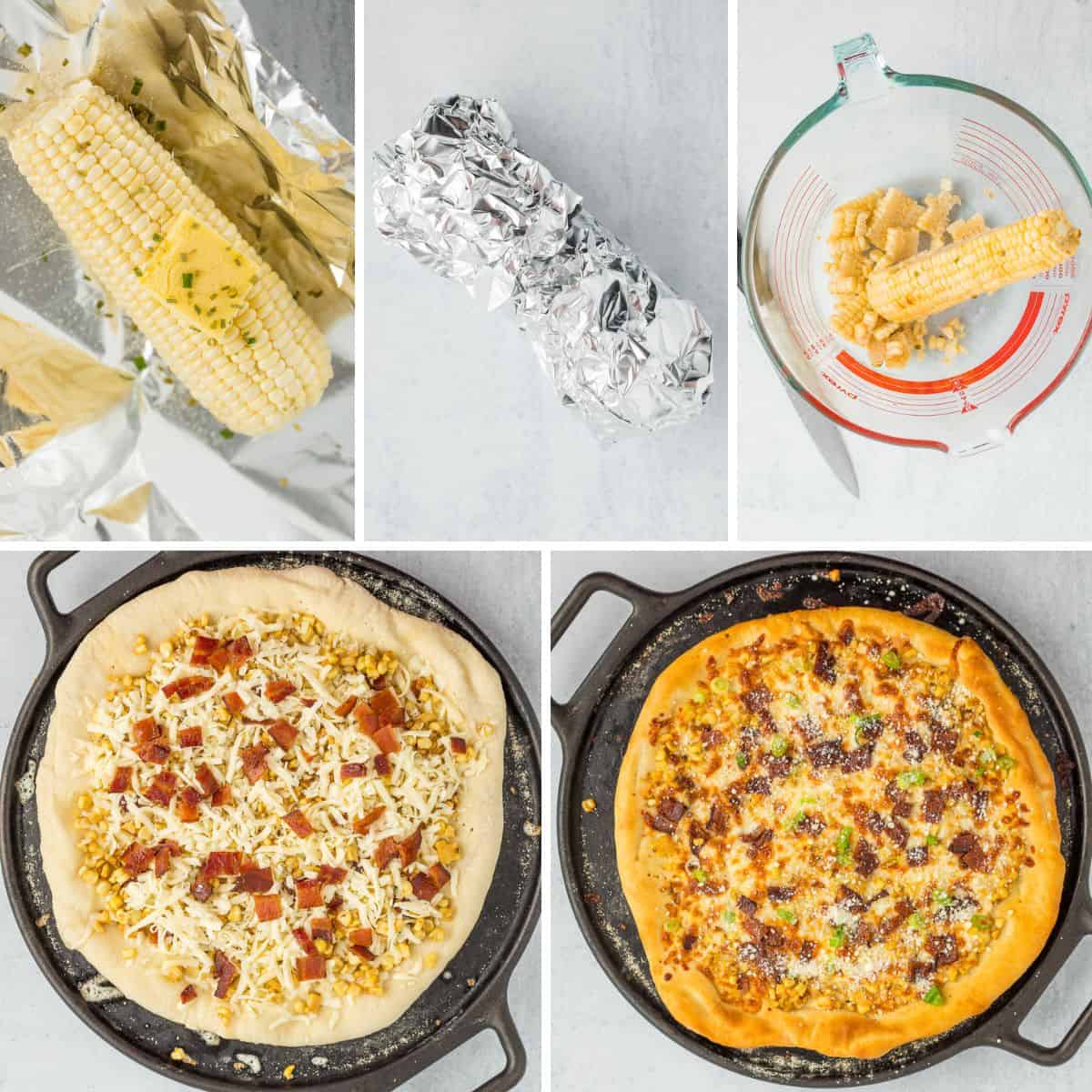 3 photos showing how to roast and cut corn and 2 photos showing how to make corn and bacon pizza on a cast iron pizza pan.