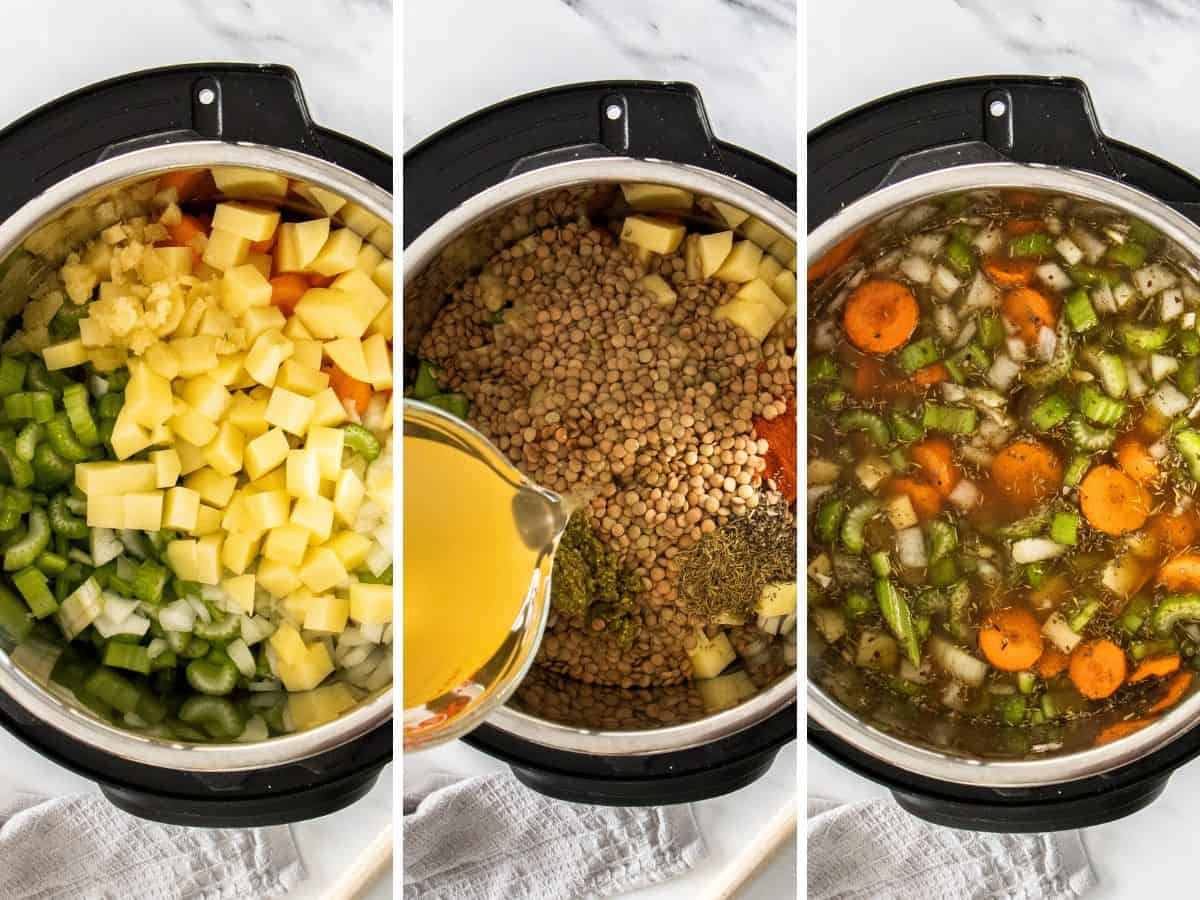 3 photos showing how to make vegetarian lentil soup in an instant pot