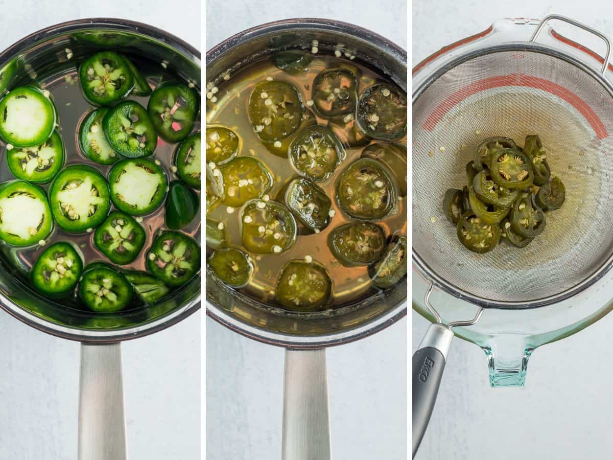 3 photos showing how to make jalapeño syrup.