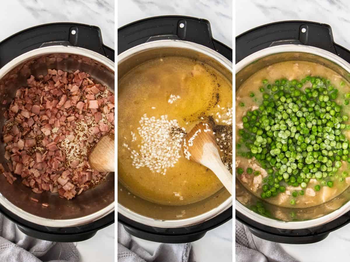 3 photos showing how to make risotto in an Instant Pot.