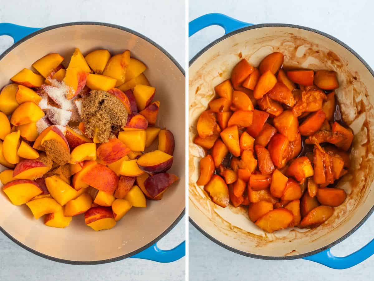 2 photos showing chopped peaches and other ingredients cooking in a blue dutch oven.