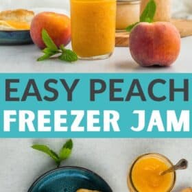 4 jars of peach freezer jam with fresh peaches and mint on a white board.