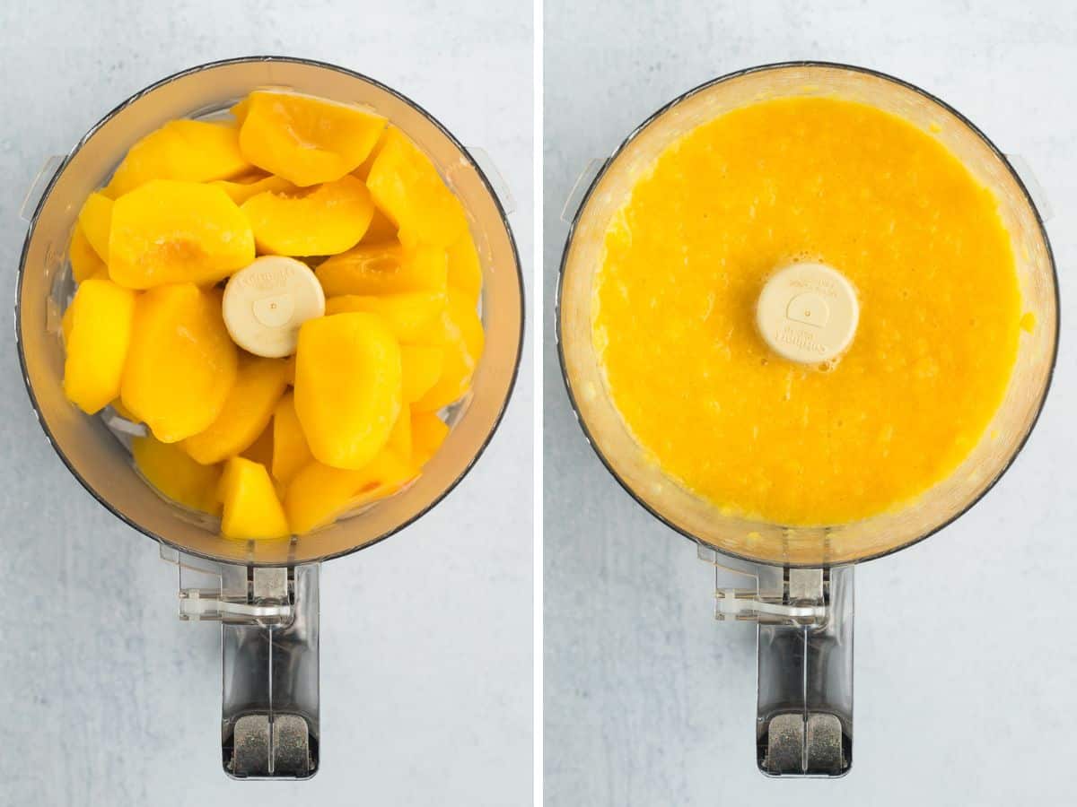 2 photos showing peaches in a food processor.