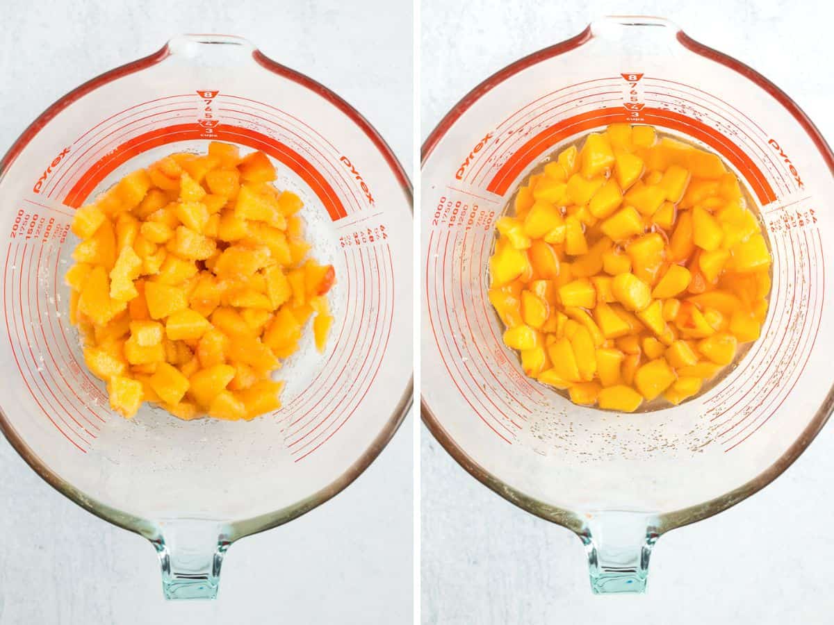 2 photos showing how to macerate peaches.