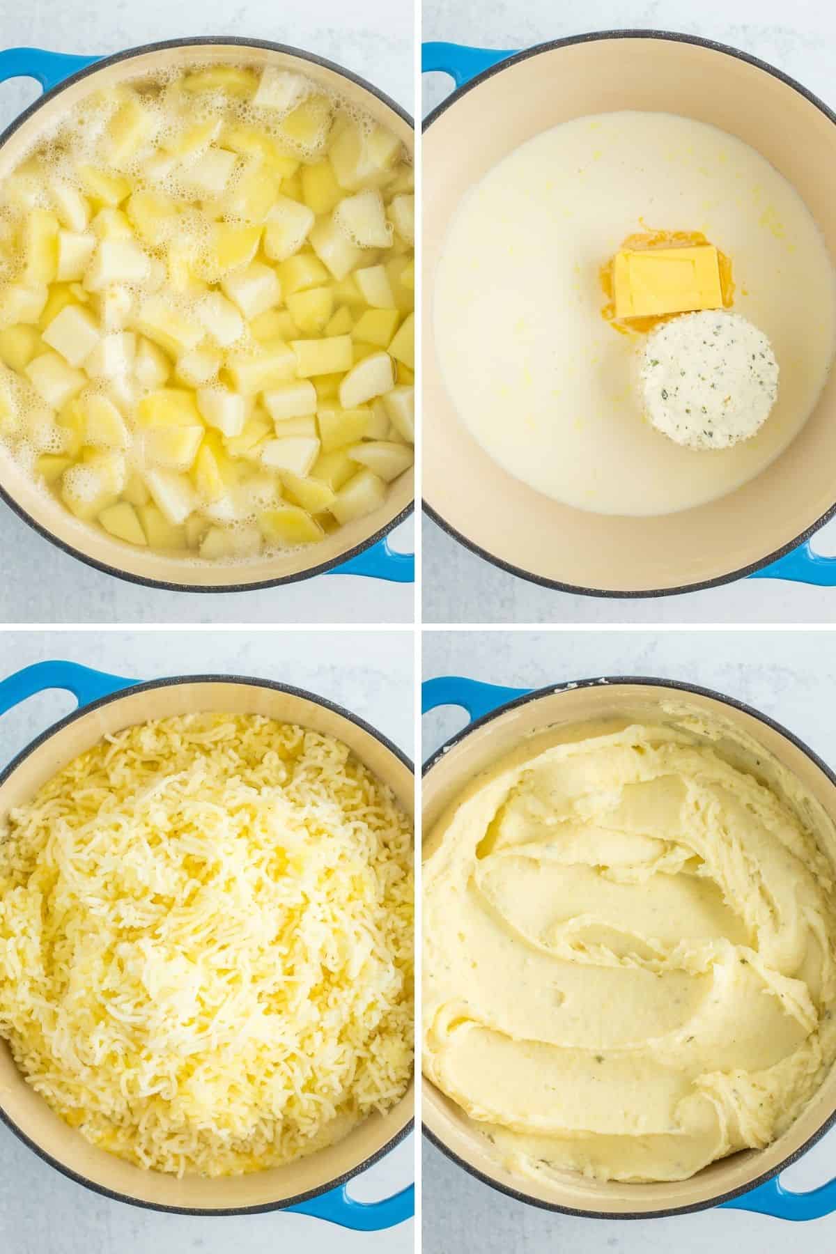 4 photos showing how to make mashed potatoes with Boursin cheese.