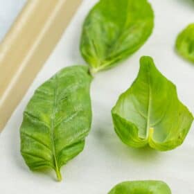 frozen basil leaves on a gold baking sheet lined with parchment.