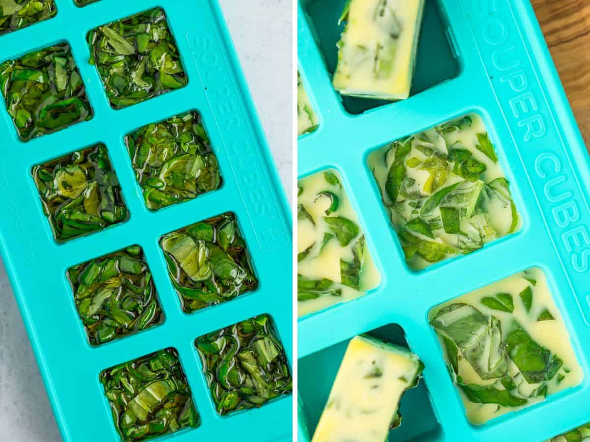2 photos of souper cubes filled with chopped basil and frozen with olive oil.