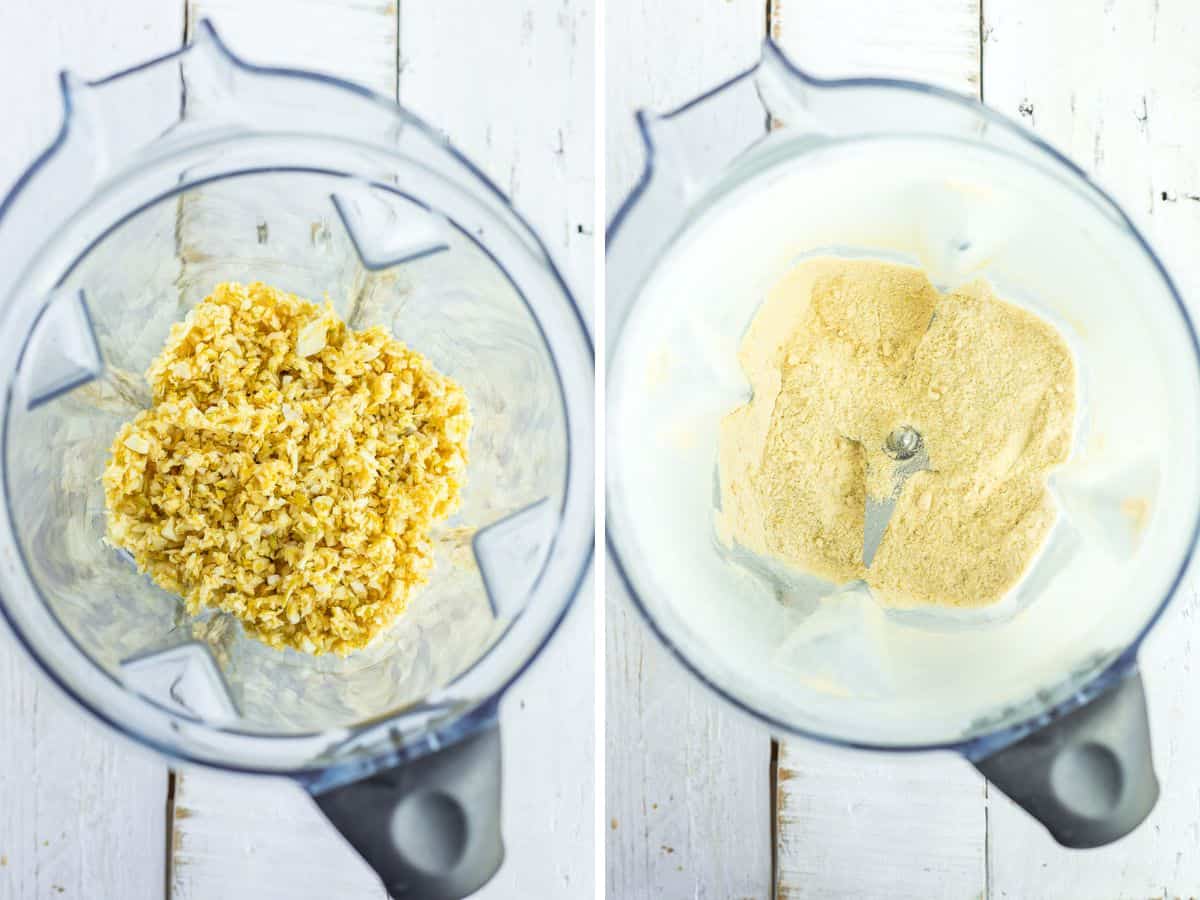 2 photos showing how to make garlic powder in a blender.