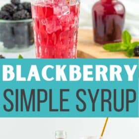 a glass bottle of blackberry simple syrup with a glass of syrup and sparkling water with a gold straw.