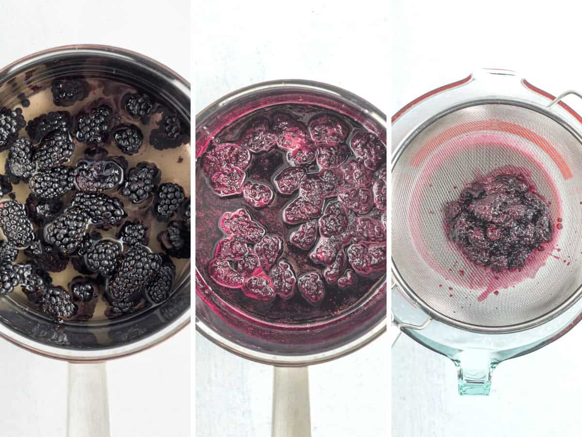 3 photos showing how to make blackberry syrup.
