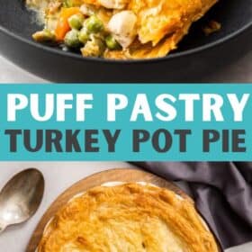 a black with a slice of turkey pot pie covered with a puff pastry crust.