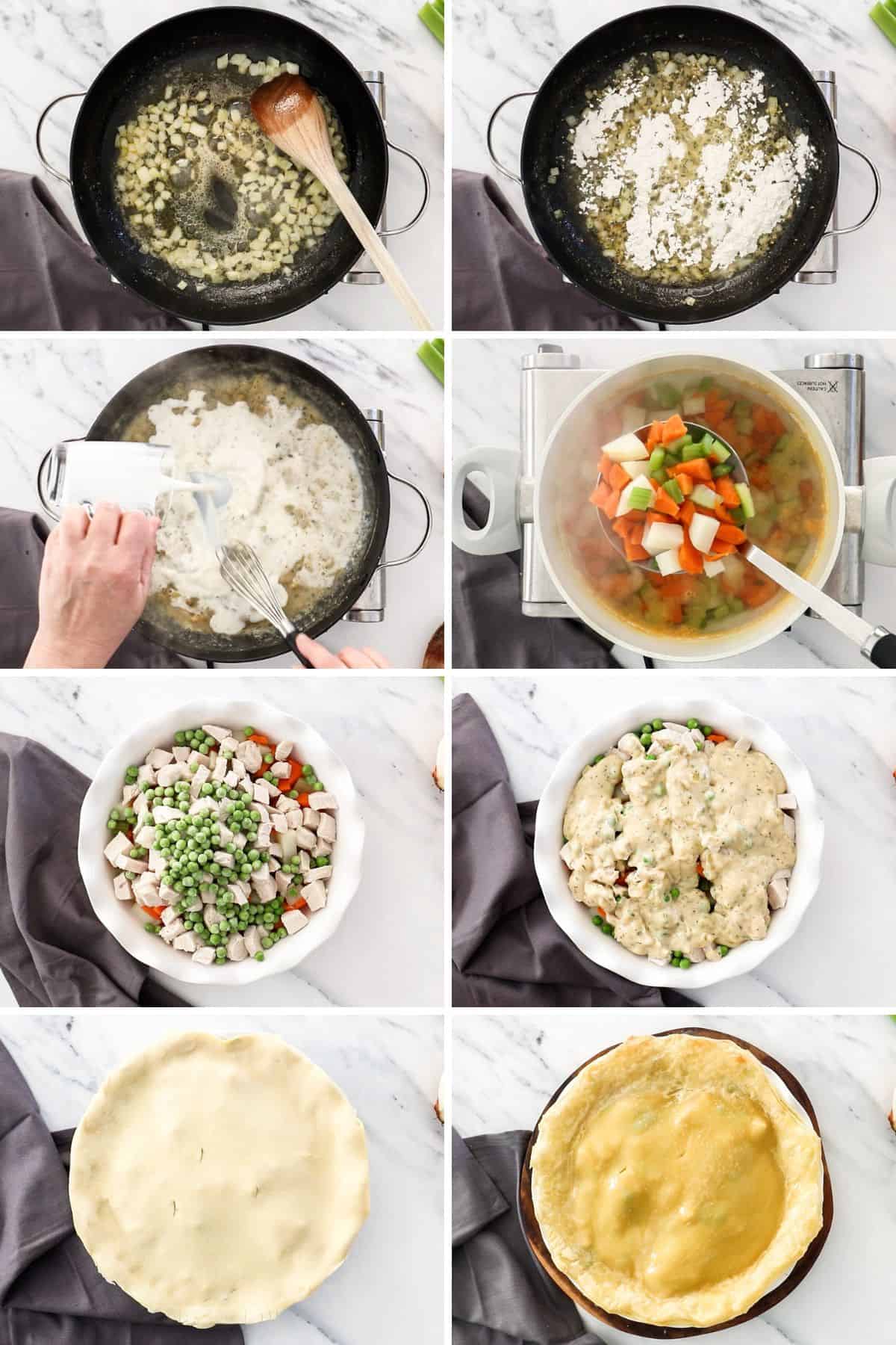 8 photos of the process of making a turkey pot pie.