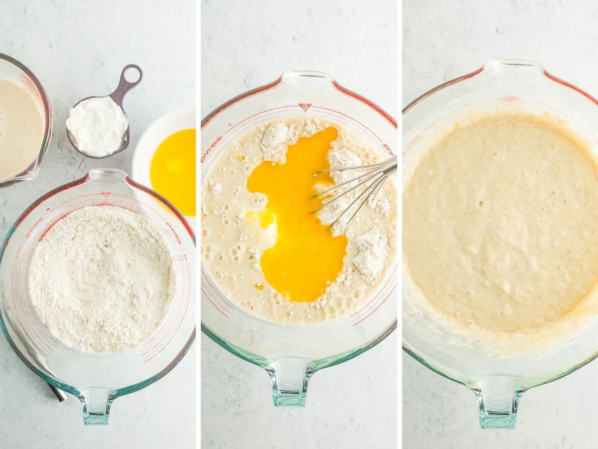 3 photos showing the mixing process of making pancakes with sour cream.