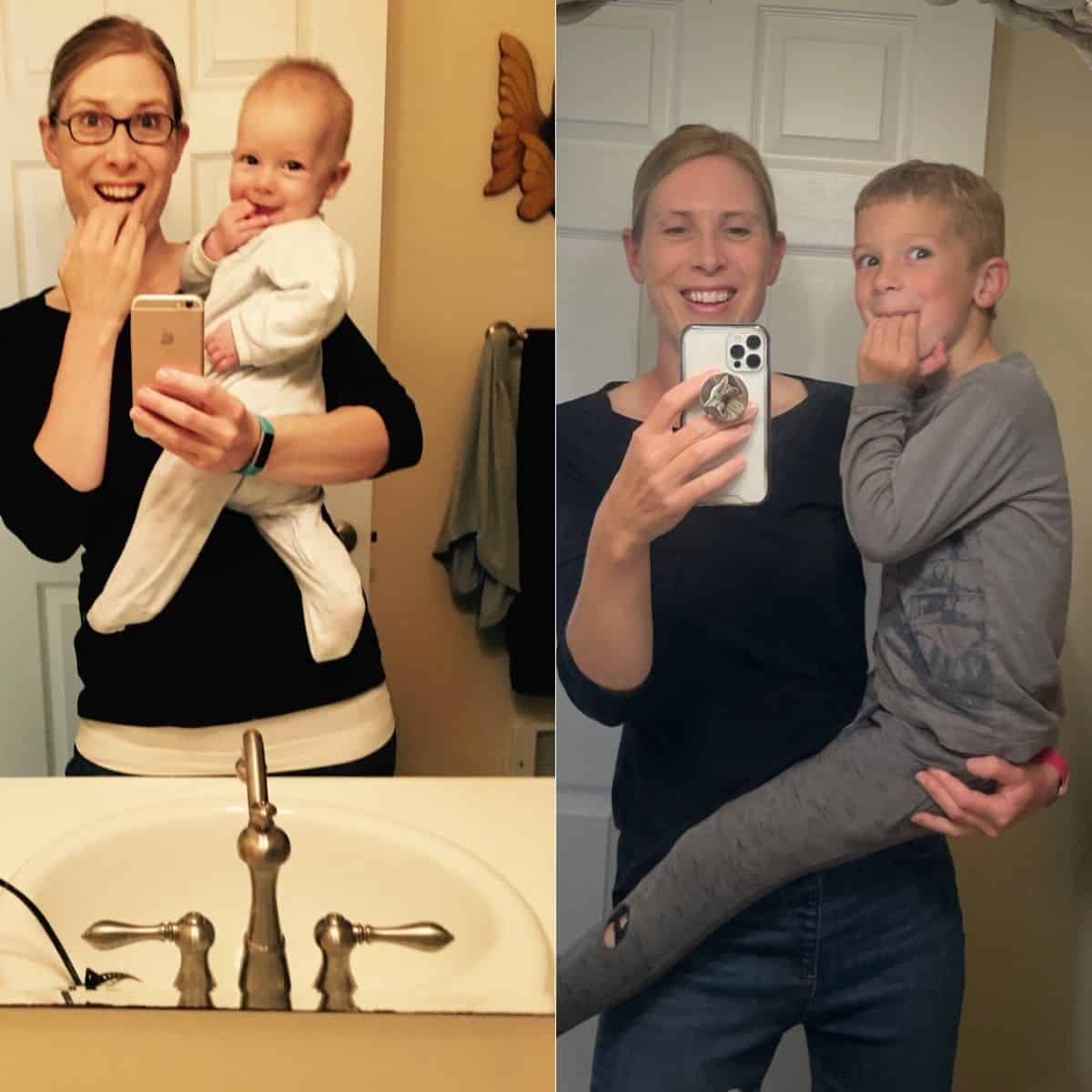 2 photos: a mom holding a baby and that same baby 6 years later being held by the mom in the same way.
