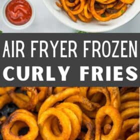 an up close photo of baked curly fries in an air fryer basket.