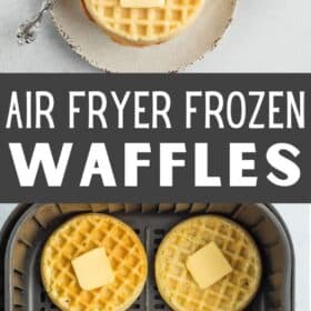 air fryer waffles topped with butter on a plate with a fork.