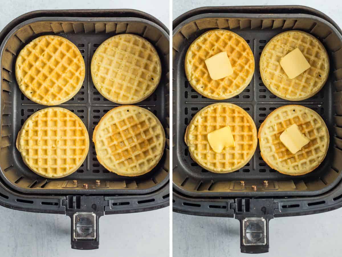 2 photos showing before and after the process of cooking frozen waffles in an air fryer.