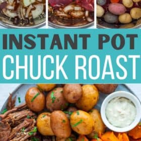 shredded instant pot chuck roast with carrots and potatoes on a grey plate.