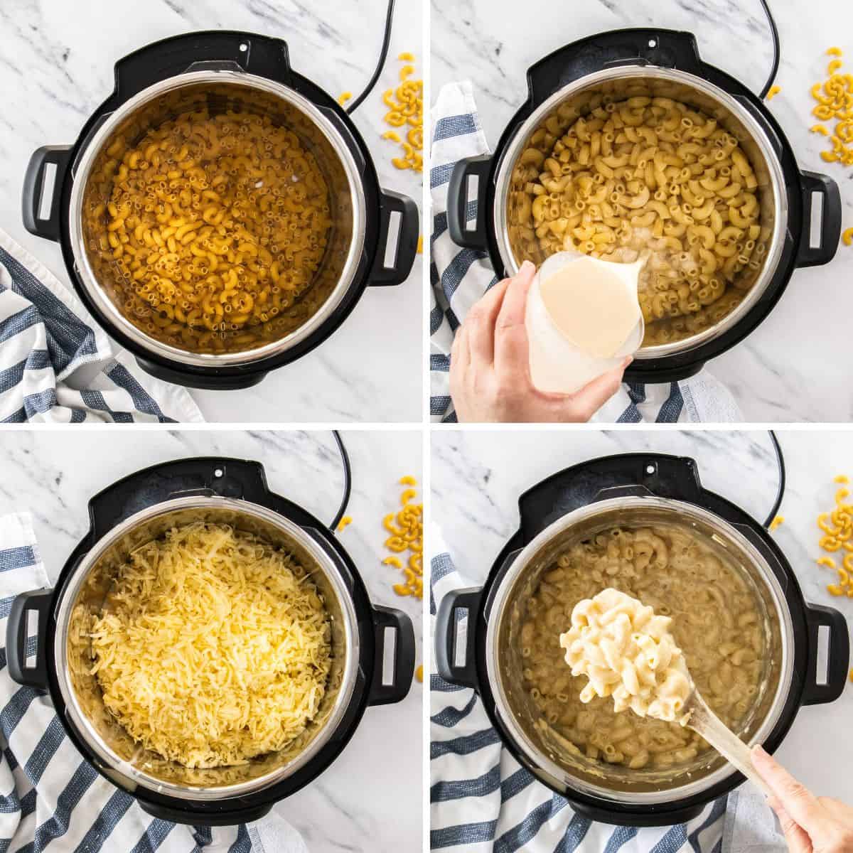 4 photos showing how to make macaroni and cheese in an Instant Pot.