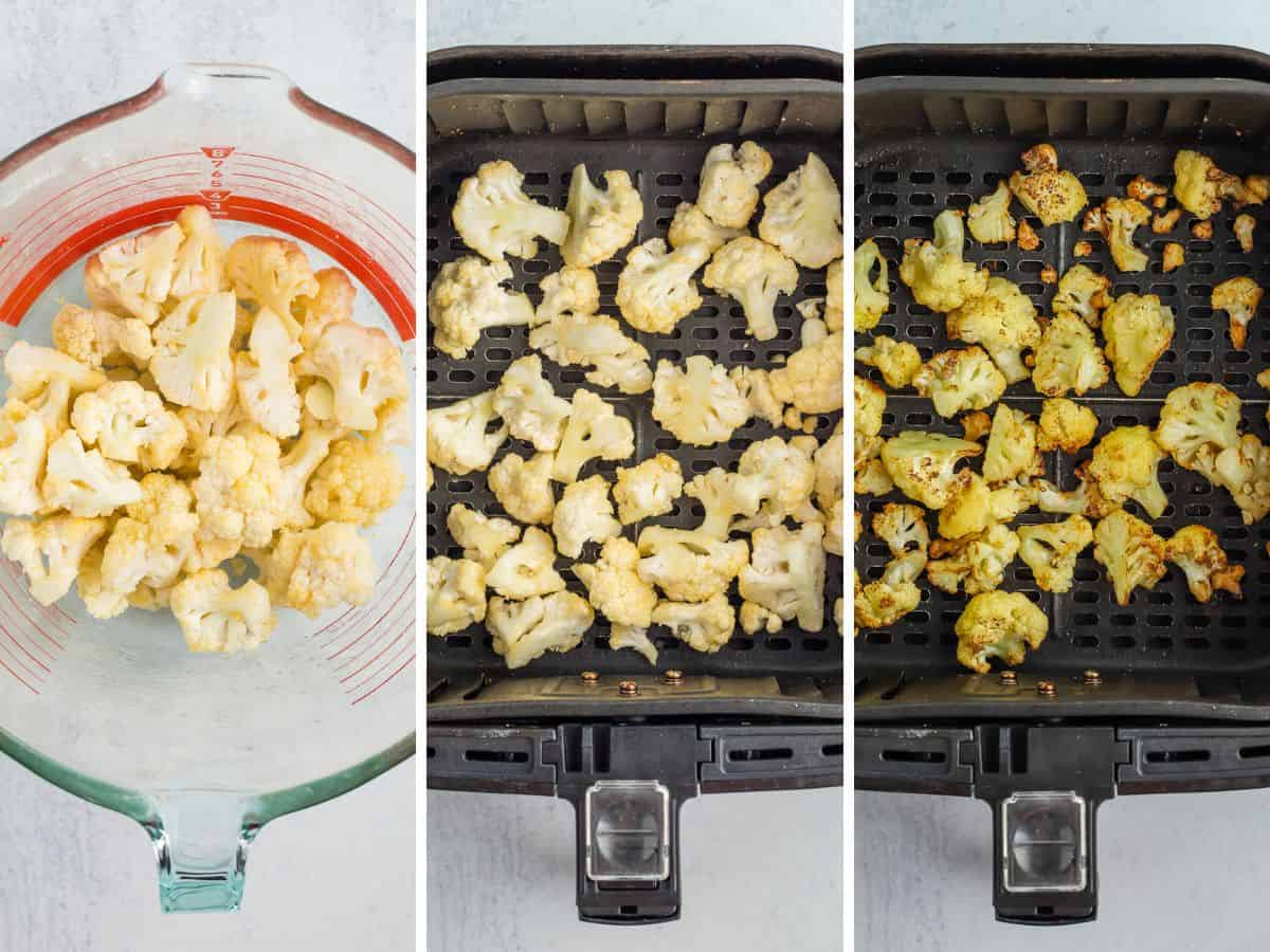 3 photos showing the process of making cauliflower in the air fryer