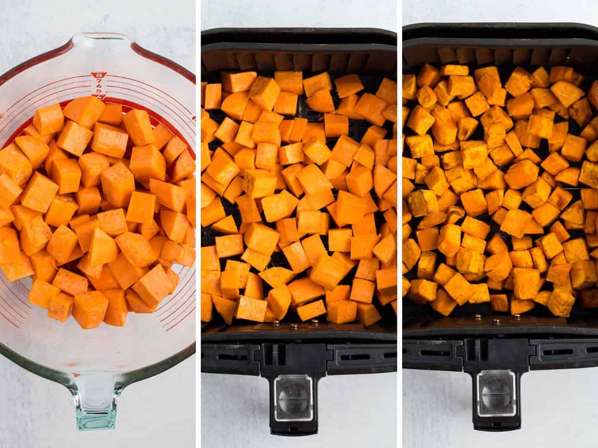 3 photos showing the process of roasting sweet potatoes in the air fryer.