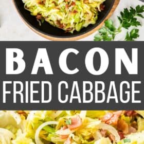 a grey bowl with bacon fried cabbage and a fork.