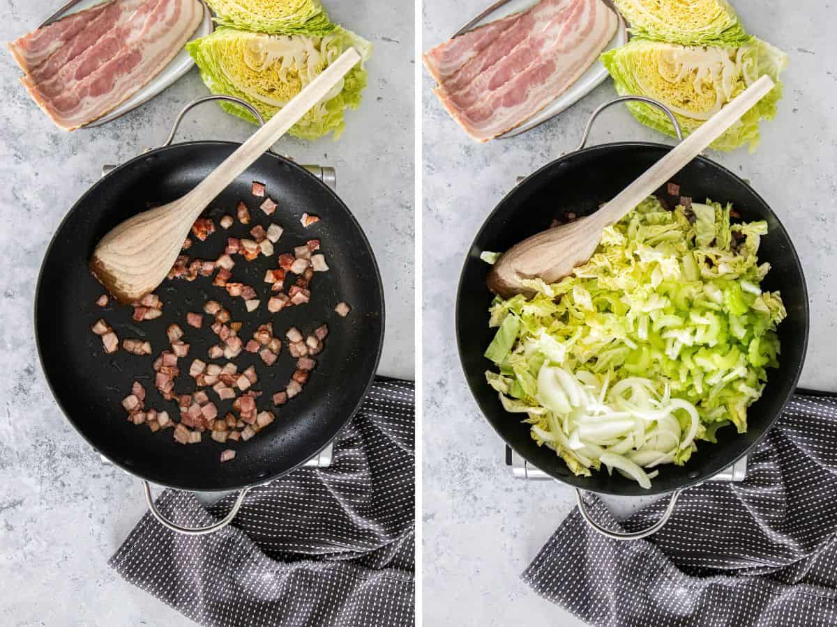 2 photos showing the process of making fried cabbage in a skillet.