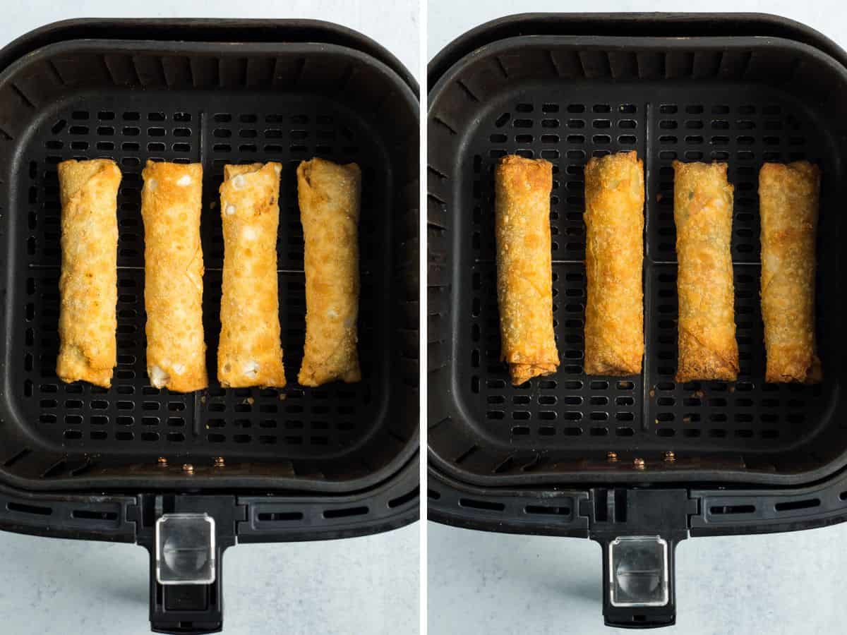 2 photos showing spring rolls in an air fryer.