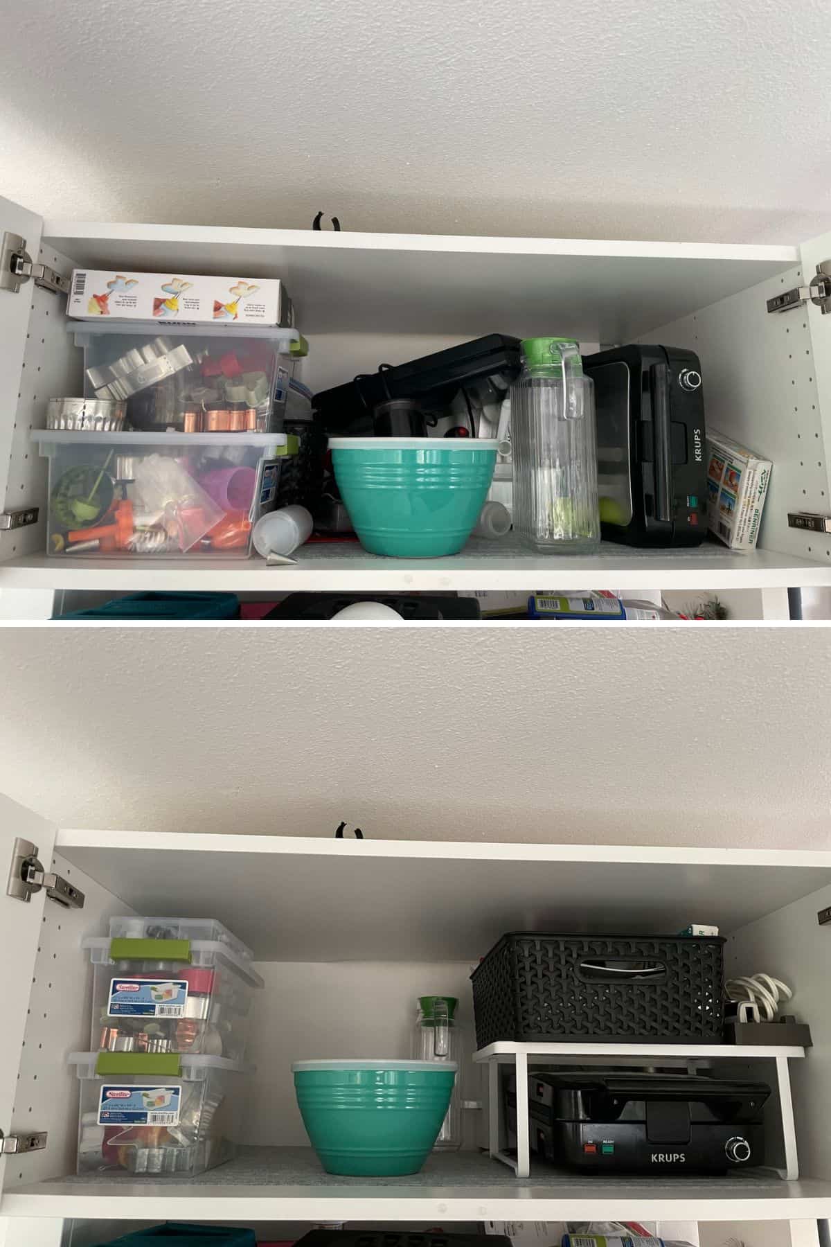 2 photos of a cabinet. One unorganized, the other organized.