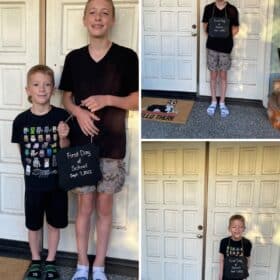 3 photos of 2 kids on the first day of school