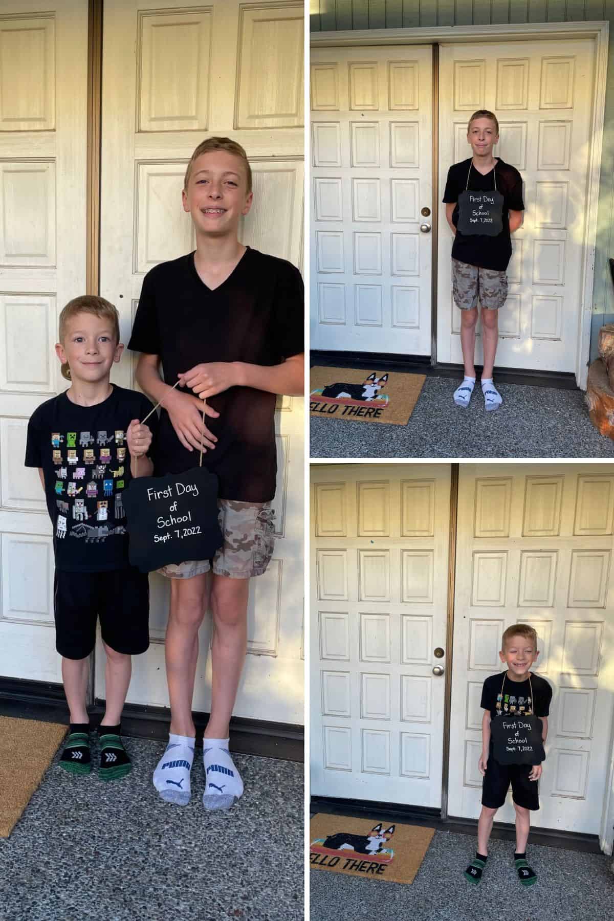 3 photos of 2 kids on the first day of school