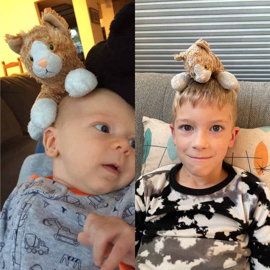 a stuffed cat on a boy's head as a baby and again as a bigger kid.