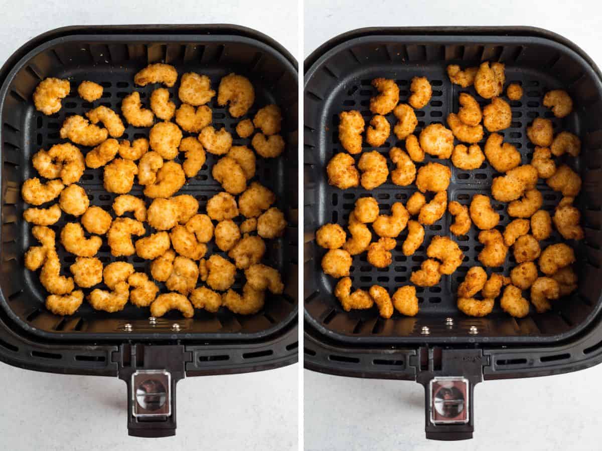 2 photos showing the process of making frozen popcorn shrimp in the air fryer.