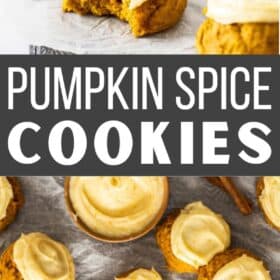 Pumpkin spice cookies topped with cream cheese frosting on a baking sheet.