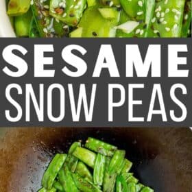 an overhead shot of sesame snow pea stir fry topped with chopped scallions and sesame seeds.