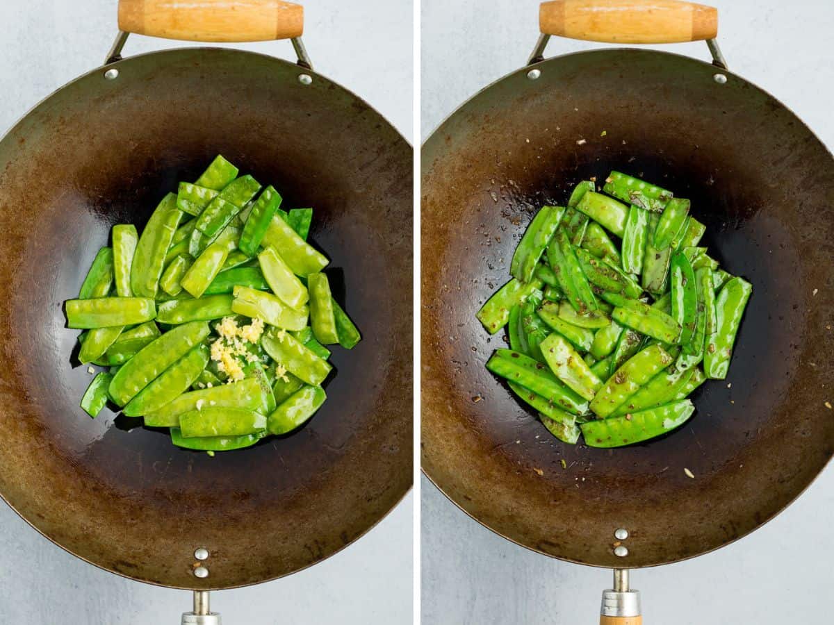 2 photos of pea pods in a wok.