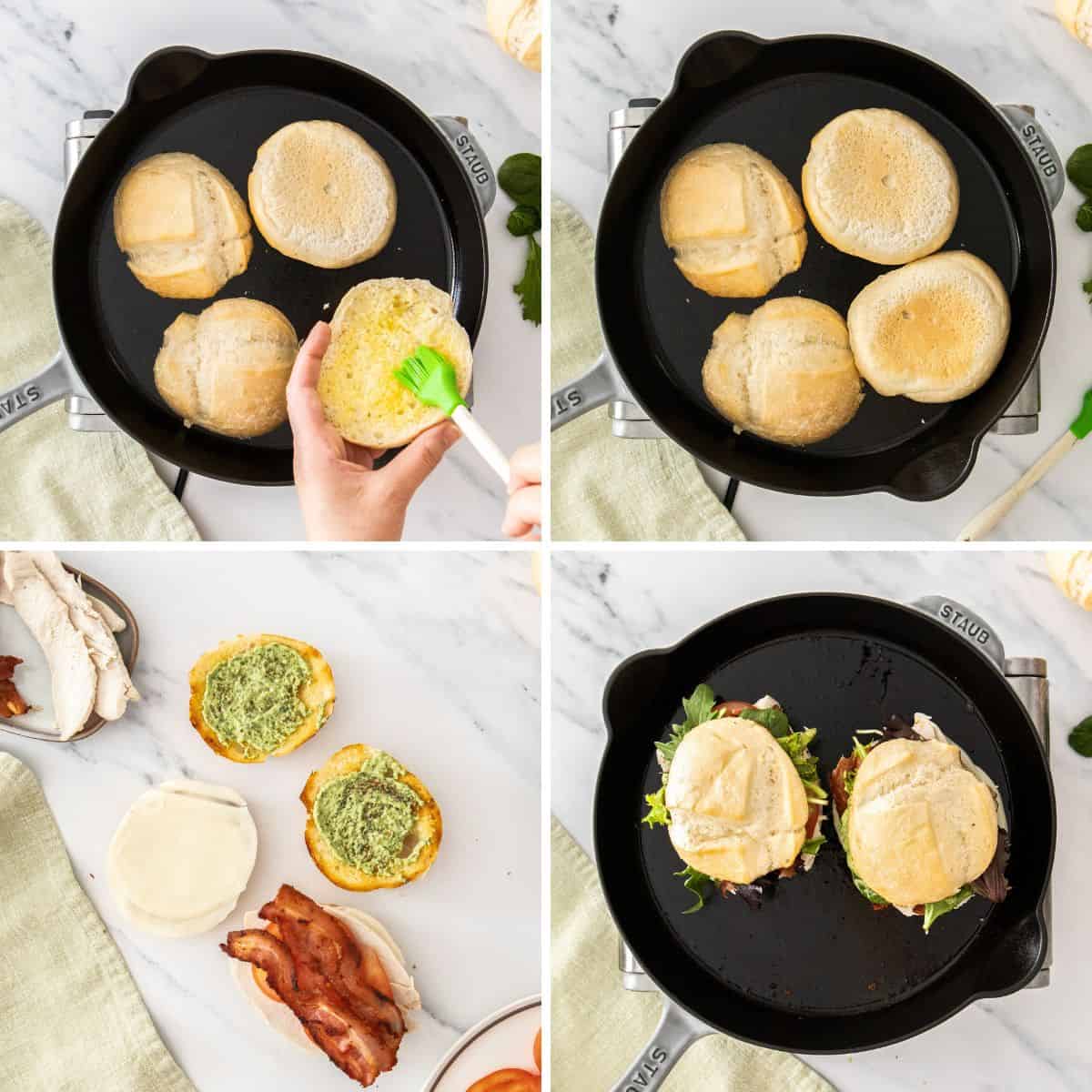 4 photos showing how to use a cast iron skillet to make a toasted sandwich.