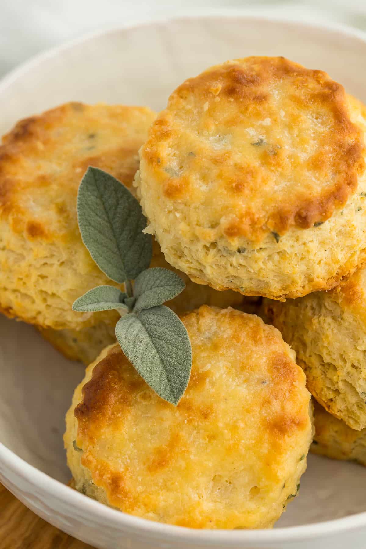 flaky herby biscuits in a bowl with a sprig of sage.