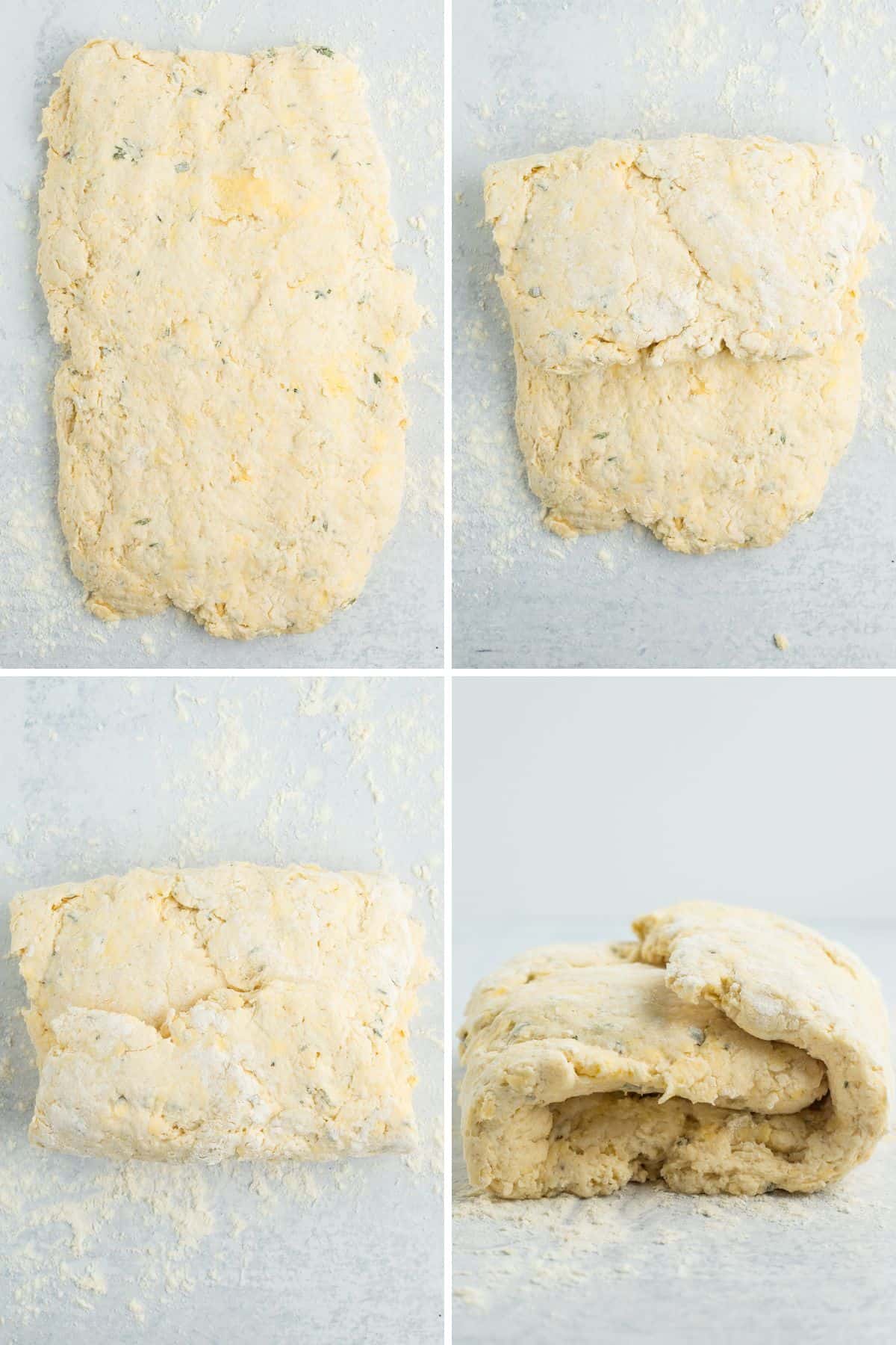 4 photos showing the process of making herb biscuits.